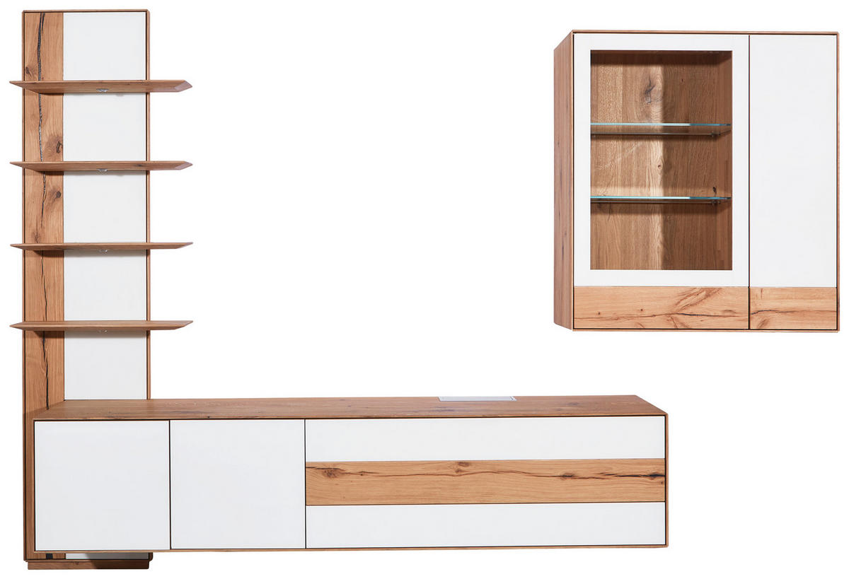 WOHNWAND  in Weiss, Eichefarben 297/206/48 cm  - Weiss/Eichefarben, Design, Glas/Holz (297/206/48cm) - Valnatura