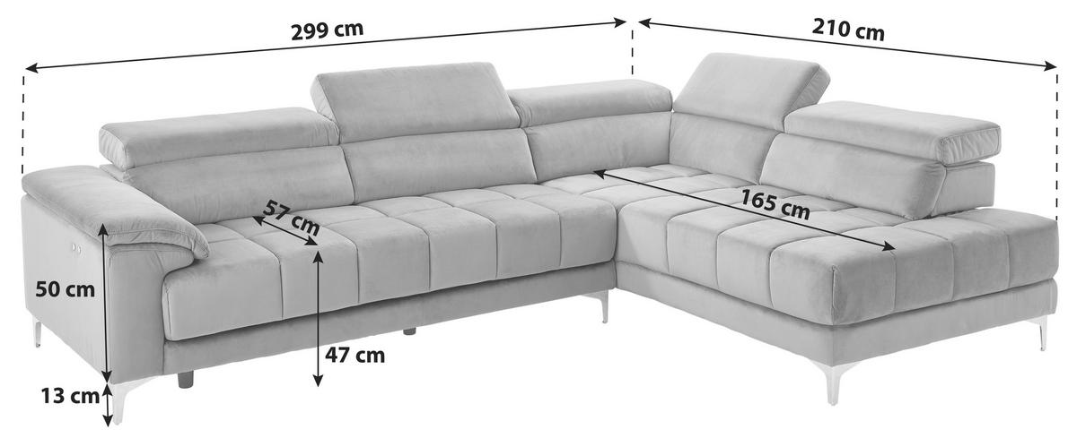 ECKSOFA in Samt Dunkelgrau  - Dunkelgrau/Silberfarben, Modern, Kunststoff/Textil (299/210cm) - Livetastic