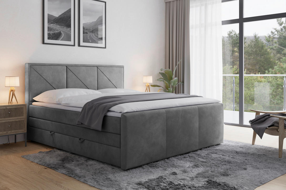 BOXSPRINGBETT 180/200 cm  in Hellgrau  - Hellgrau/Schwarz, MODERN, Holzwerkstoff/Kunststoff (180/200cm) - MID.YOU