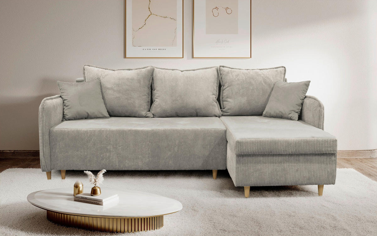 ECKSOFA TEDDY Grau Cord, Bouclé Zierkissen, Rückenkissen, Bettkasten  - Naturfarben/Grau, Design, Holz/Textil (215/142cm) - MID.YOU