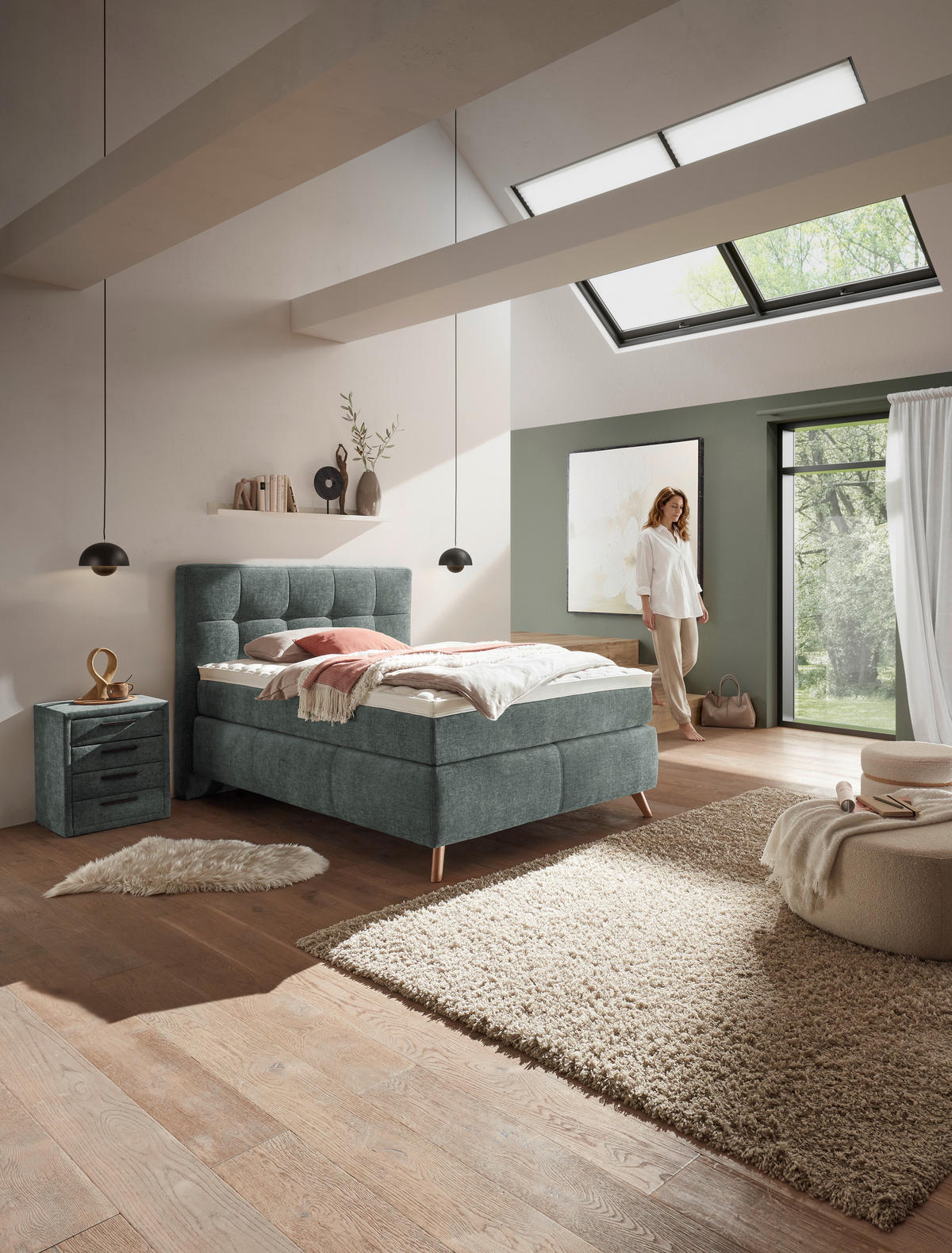 BOXSPRINGBETT 120/200 cm,  in Grün, H4 = sehr fest  - Alteiche/Grün, KONVENTIONELL, Holz/Textil (120/200cm) - Voleo