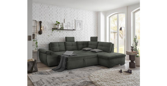 ECKSOFA in Mikrovelours Dunkelgrün - Dunkelgrün/Schwarz, KONVENTIONELL, Kunststoff/Textil (265/217cm) - Carryhome