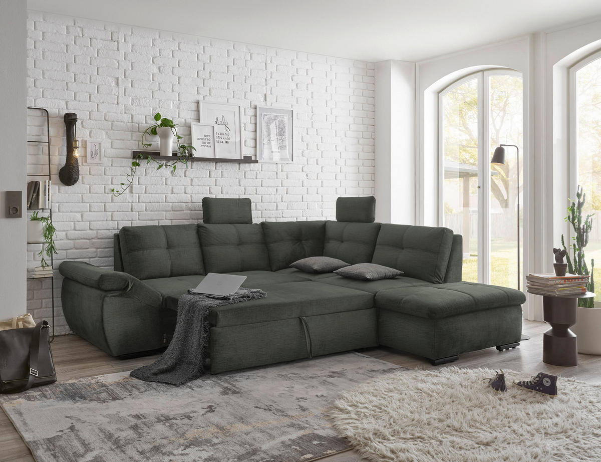 ECKSOFA in Mikrovelours Dunkelgrün  - Dunkelgrün/Schwarz, Konventionell, Kunststoff/Textil (265/217cm) - Carryhome