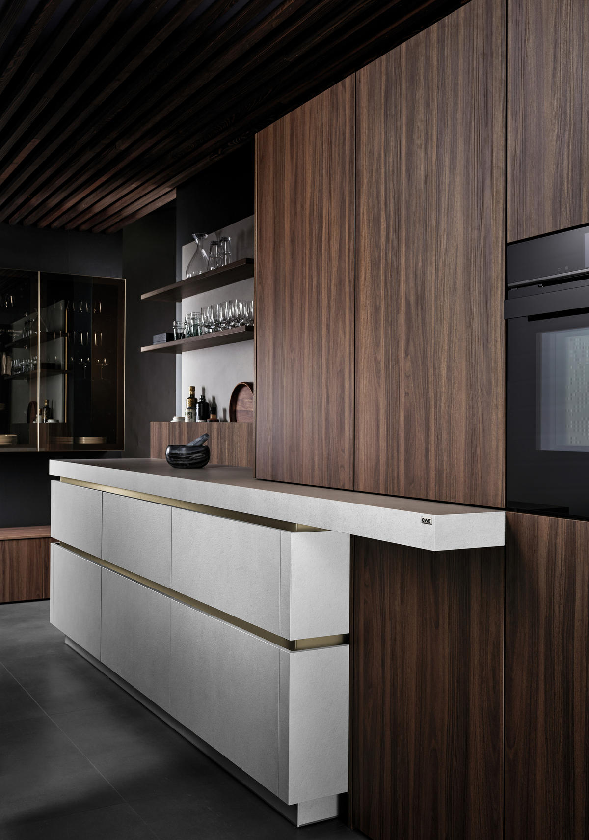 EINBAUKÜCHE   - Dunkelbraun/Hellgrau, Basics, Holzwerkstoff - EWE