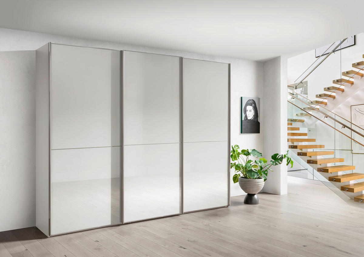SCHWEBETÜRENSCHRANK 250/236/67 cm 3-türig Weiß  - Chromfarben/Weiß, MODERN, Glas/Holzwerkstoff (250/236/67cm) - Chameo