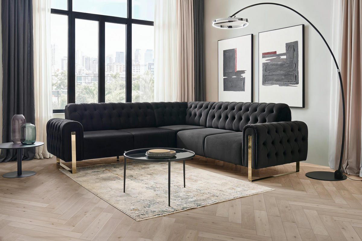 ECKSOFA  in Velours Schwarz  264/264 cm  - Goldfarben/Schwarz, KONVENTIONELL, Textil/Metall (264/264cm) - Carryhome