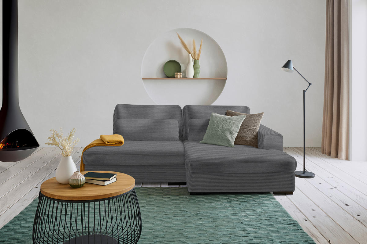 ECKSOFA in Cord, Velours Grau  - Schwarz/Grau, Design, Kunststoff/Textil (223/158cm) - Lomoco