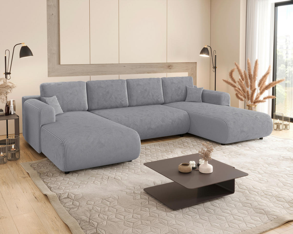 Wohnlandschaft inkl. Funktion Hellgrau Cord  - Hellgrau/Schwarz, KONVENTIONELL, Textil (200/360/200cm) - Xora