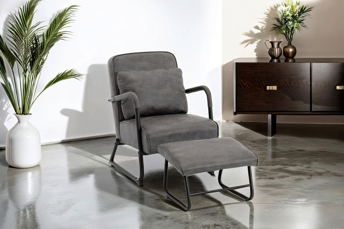 RELAXAČNÍ KŘESLO S TABURETEM, textil, šedá - šedá/černá, Design, kov/textil (80/85/57cm) - Livetastic