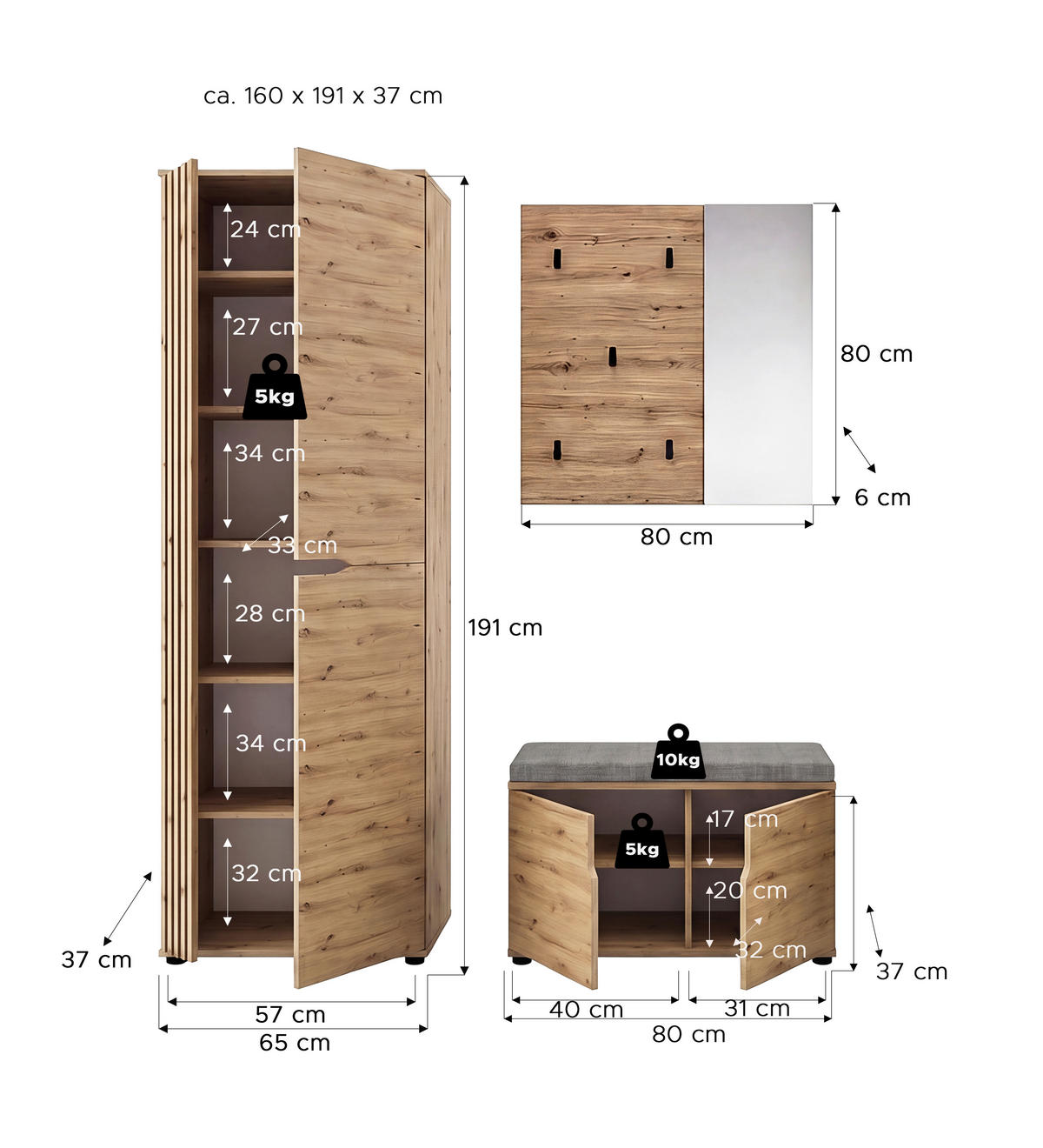 GARDEROBE 3-teilig  in 160/191/37 cm  - Eiche Artisan, Design, Holzwerkstoff (160/191/37cm) - MID.YOU