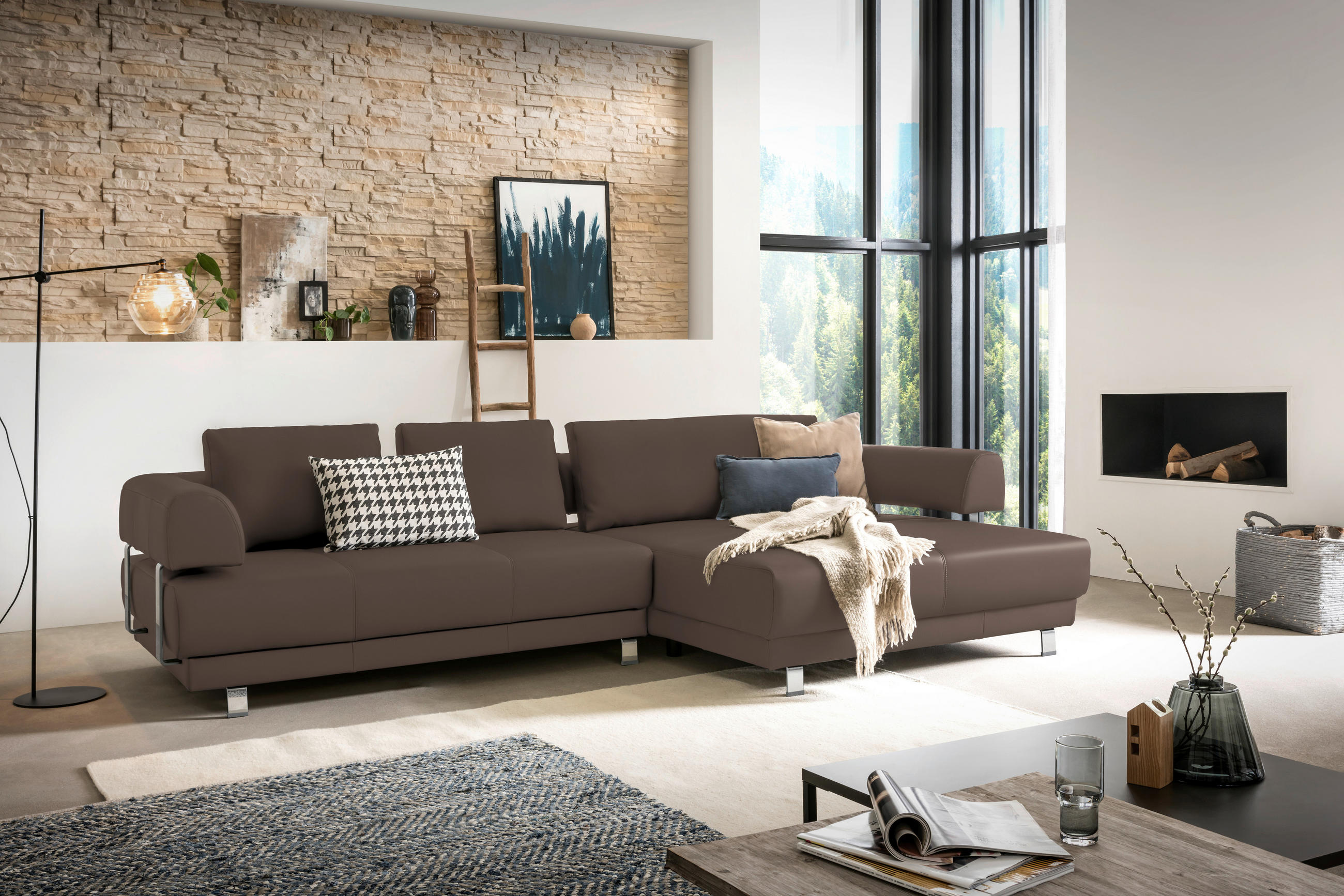 ECKSOFA Braun Echtleder  - Braun, Design, Leder/Metall (307/188cm)