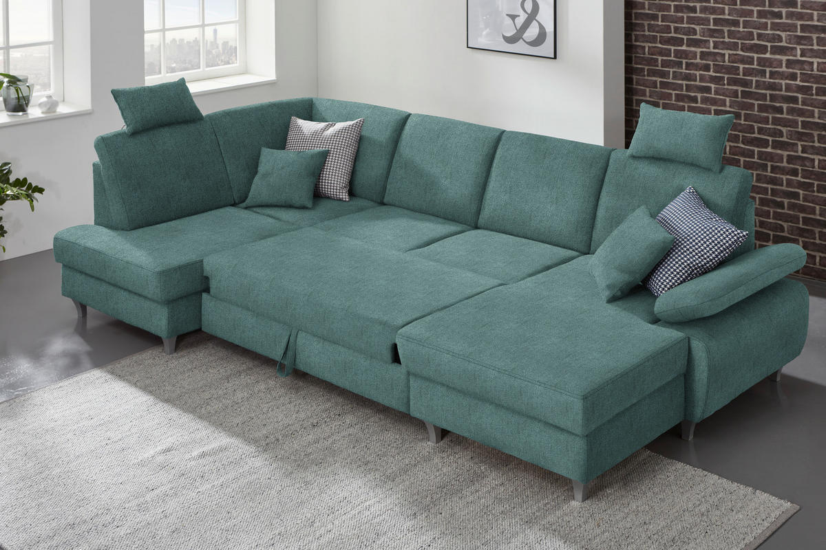 WOHNLANDSCHAFT in Struktur Petrol  - Silberfarben/Petrol, Konventionell, Holz/Textil (186/322/167cm) - Cantus