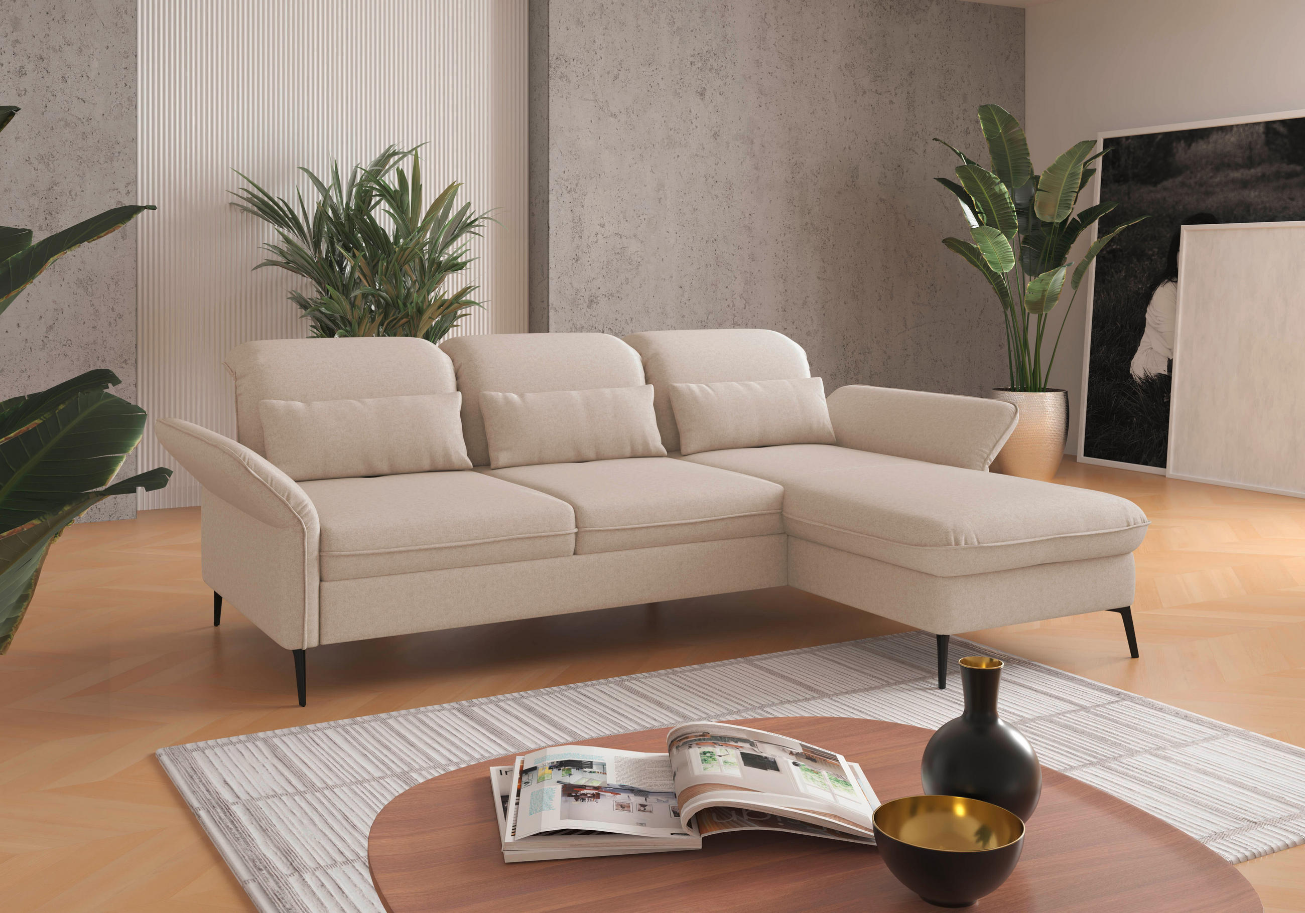 ECKSOFA in Flachgewebe Creme  - Creme/Schwarz, Konventionell, Textil/Metall (264/198cm) - Sit & More