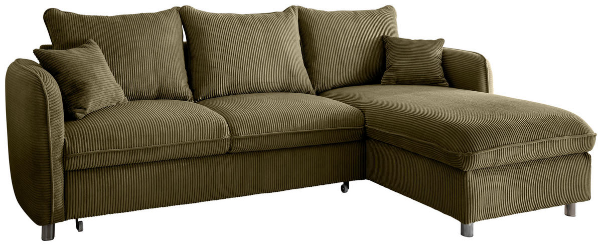 ECKSCHLAFSOFA Cord Olivgrün  - Chromfarben/Olivgrün, MODERN, Textil/Metall (254/160cm) - Livetastic