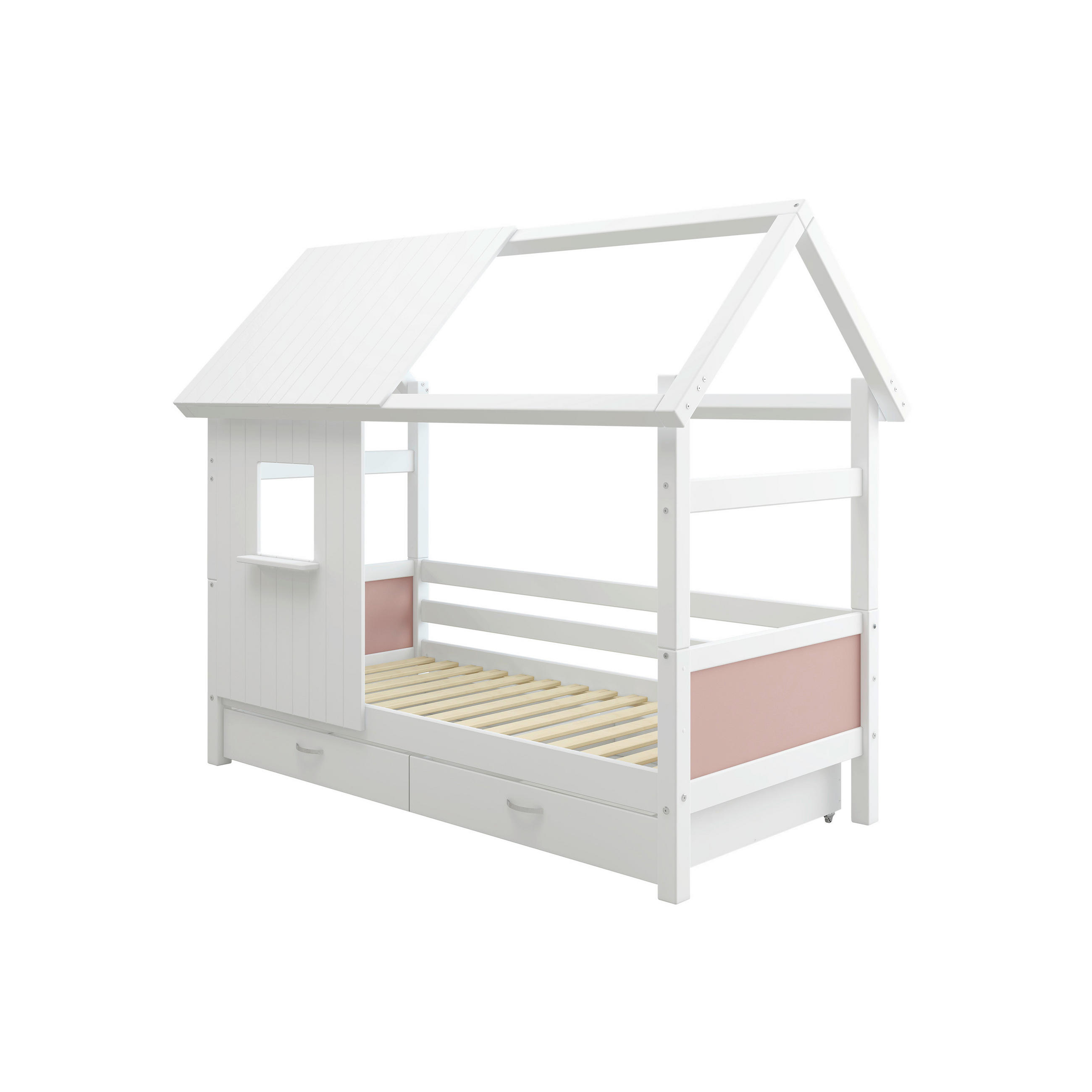 HAUSBETT 90/200 cm,  in Rosa, Weiß, Rollrost, Bettschublade  - Rosa/Weiß, MODERN, Holz (90/200cm) - Chameo