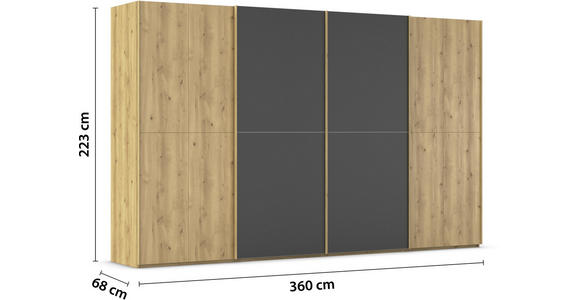 SCHWEBETÜRENSCHRANK 360/223/68 cm 4-türig Schwarz, Eichefarben  - Eichefarben/Schwarz, Design, Glas/Holz (360/223/68cm) - Novel