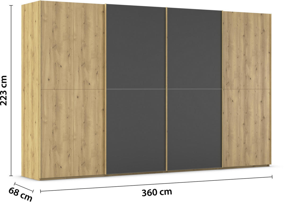 SCHWEBETÜRENSCHRANK 360/223/68 cm 4-türig Schwarz, Eichefarben  - Eichefarben/Schwarz, Design, Glas/Holz (360/223/68cm) - Novel