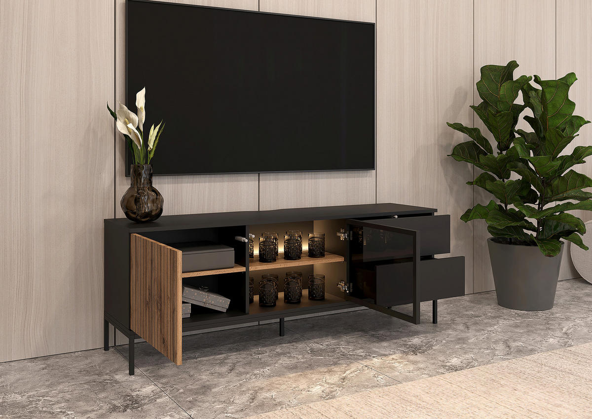 TV-BÄNK  153,6/56/38 cm 2 låda(or) modellutbud, möbler i samma serie finns att köpa till, stort utbud av tillbehör finns, stående, finns i olika storlekar, finns i olika trädekorer  - ek Wotan/svart, Klassisk, trämaterial/glas (153,6/56/38cm) - Xora
