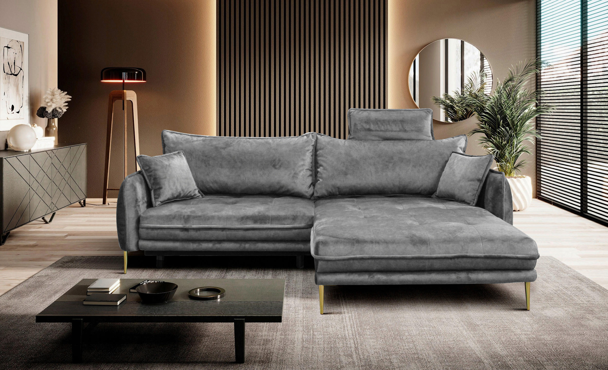 ECKSOFA Grau Velours  - Goldfarben/Grau, Design, Textil/Metall (264/196cm) - MID.YOU