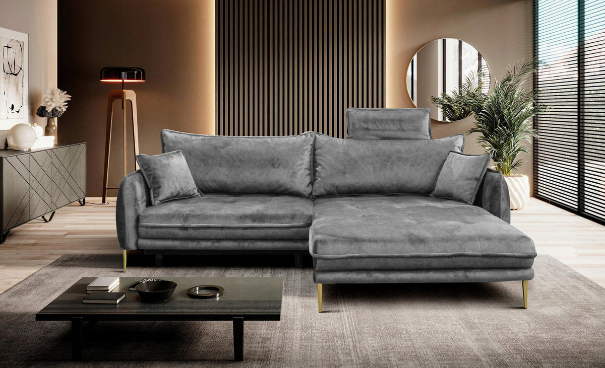 ECKSOFA in Velours Grau  264/196 cm  - Goldfarben/Grau, Design, Textil/Metall (264/196cm) - MID.YOU