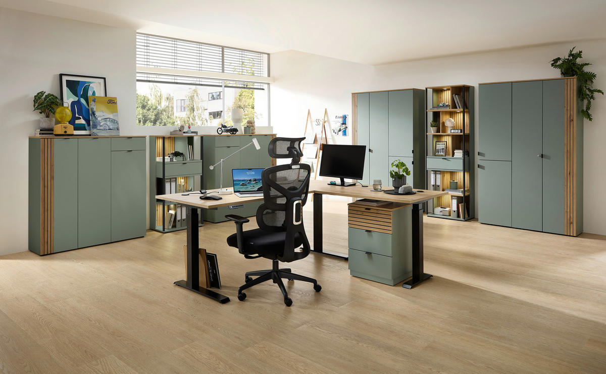 SCHREIBTISCH 150/77/73 cm Schwarz, Eiche Artisan, Schilfgrün  - Schilfgrün/Schwarz, KONVENTIONELL, Holzwerkstoff/Metall (150/77/73cm) - Voleo