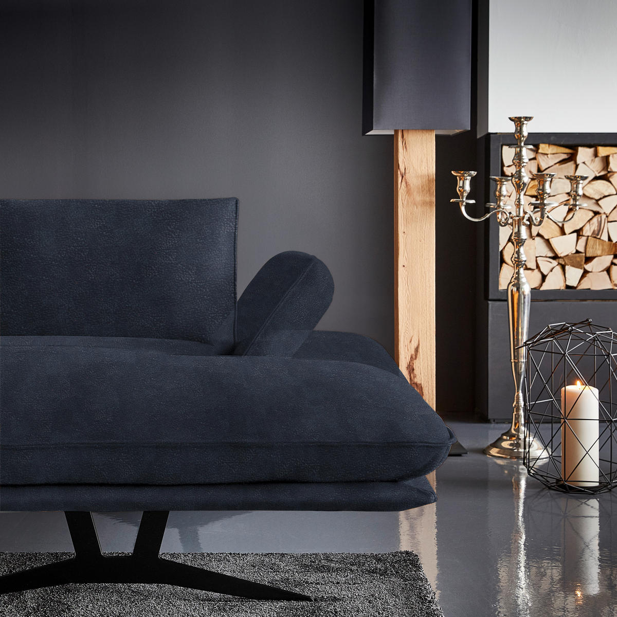 WOHNLANDSCHAFT in Echtleder Dunkelblau  - Schwarz/Dunkelblau, Natur, Leder/Metall (217/359/155cm) - Dieter Knoll