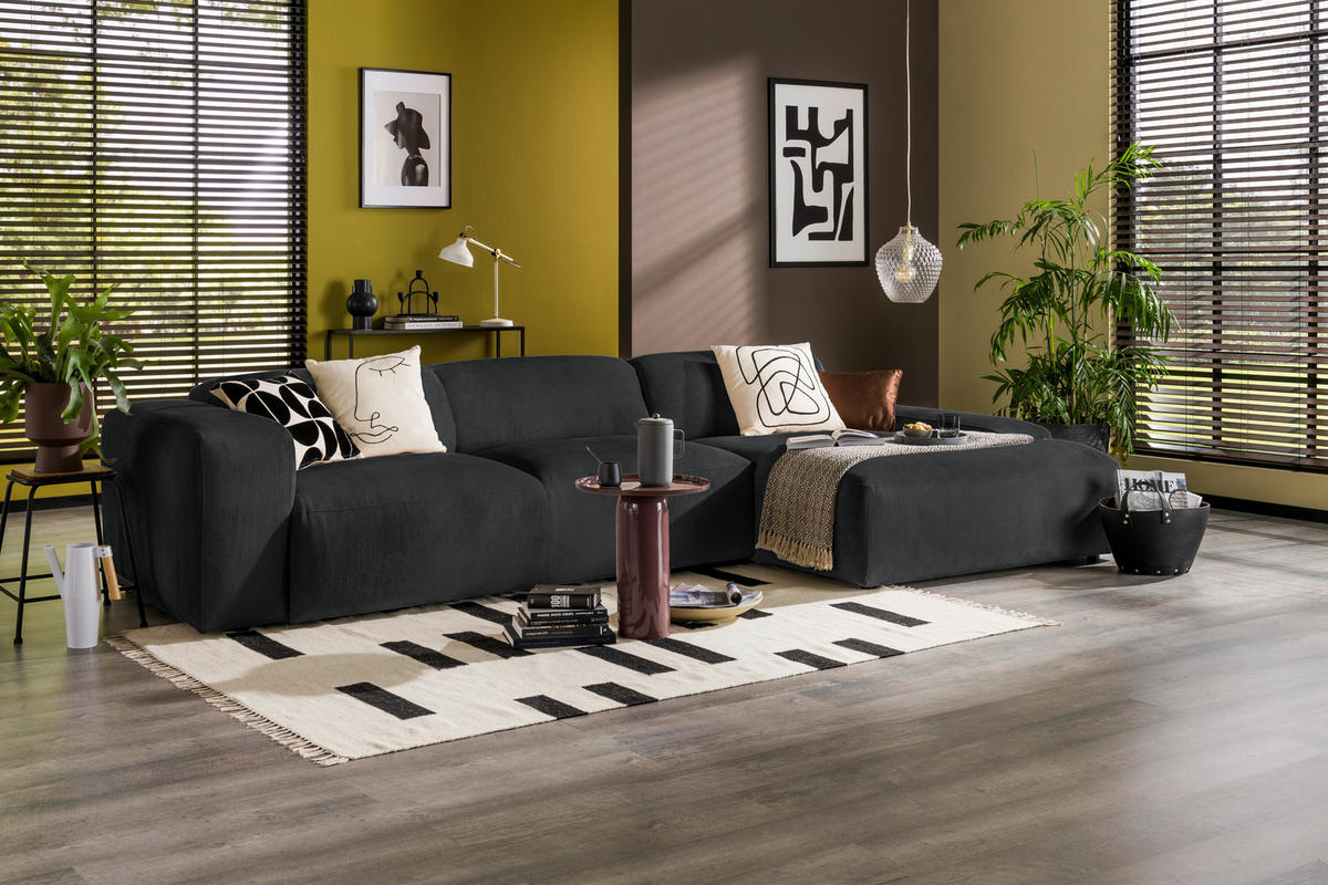 ECKSOFA in Cord Schwarz  - Schwarz, Design, Kunststoff/Textil (343/170cm) - MID.YOU