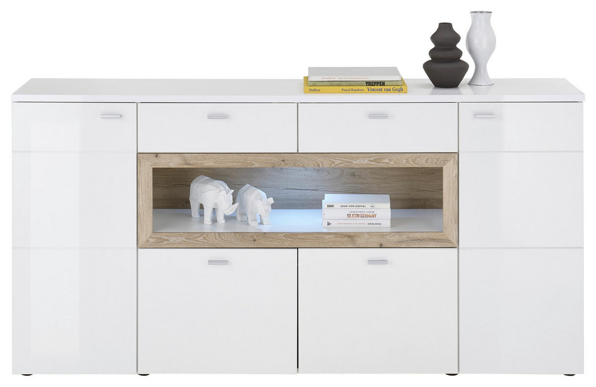 SIDEBOARD  180/90/38 cm 2 Schublade(n)  - Weiß Hochglanz/Silberfarben, Design, Holzwerkstoff/Kunststoff (180/90/38cm) - MID.YOU
