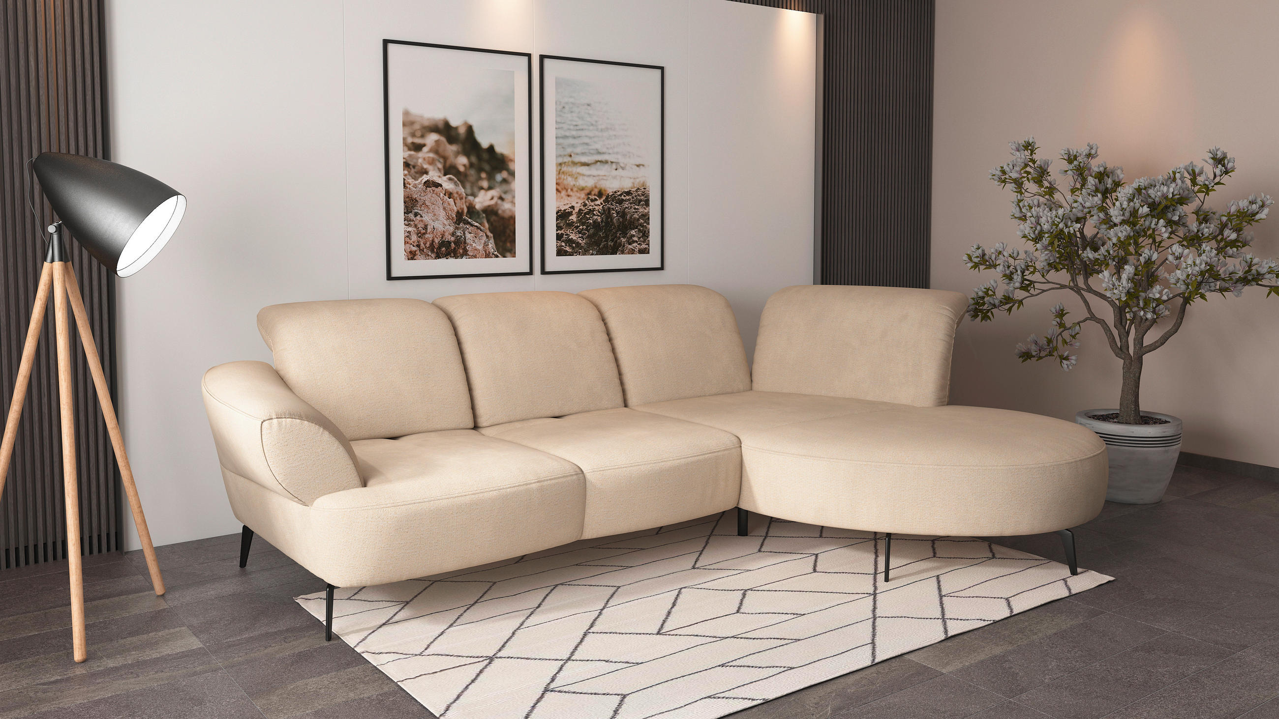 ECKSOFA in Chenille Sandfarben  - Sandfarben/Schwarz, Modern, Textil/Metall (313/208cm) - Sit & More