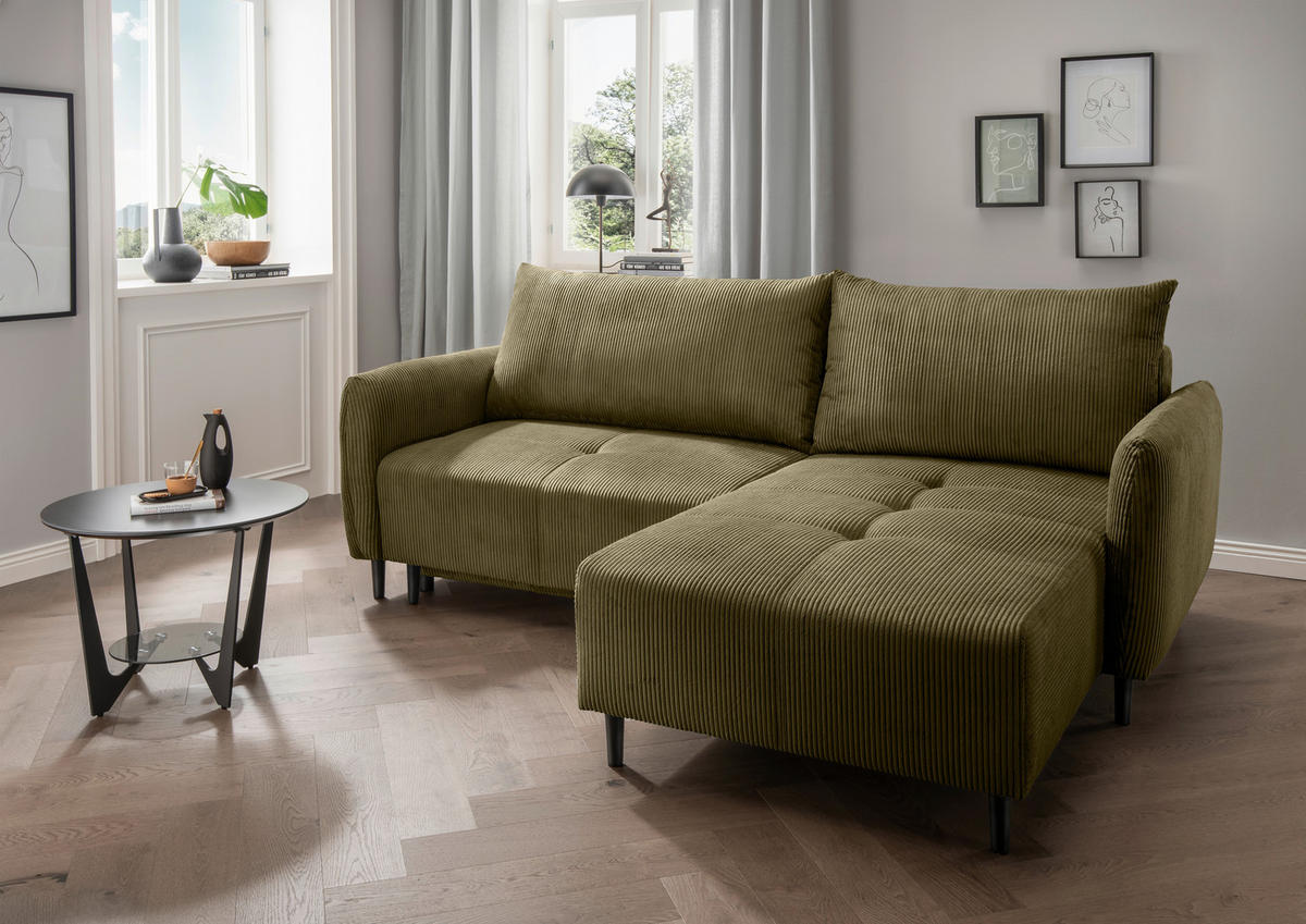 ECKSCHLAFSOFA  mit Liegefunktion, Rücken echt Cord Olivgrün  - Schwarz/Olivgrün, Basics, Holz/Textil (238/174cm) - Livetastic