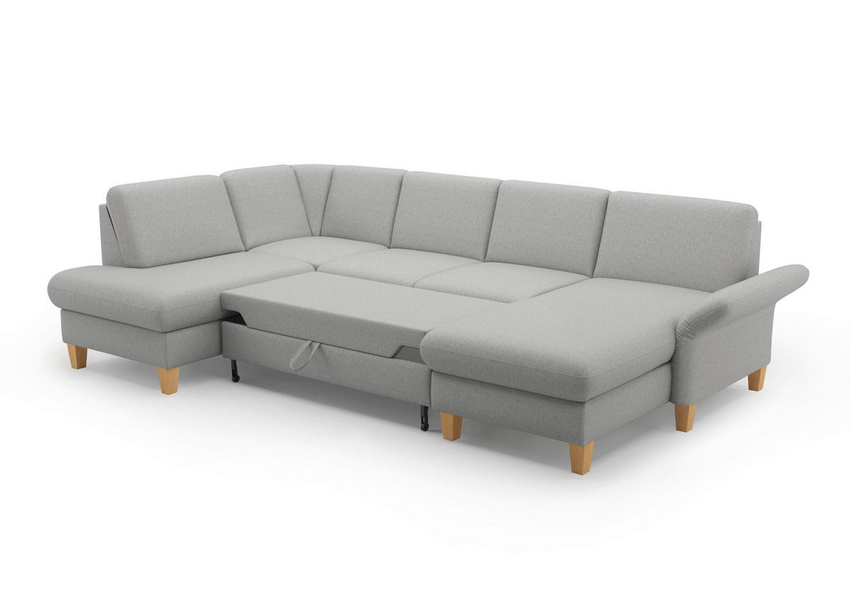 WOHNLANDSCHAFT Hellgrau Flachgewebe  - Eichefarben/Hellgrau, KONVENTIONELL, Holz/Textil (195/314/164cm) - Sit & More