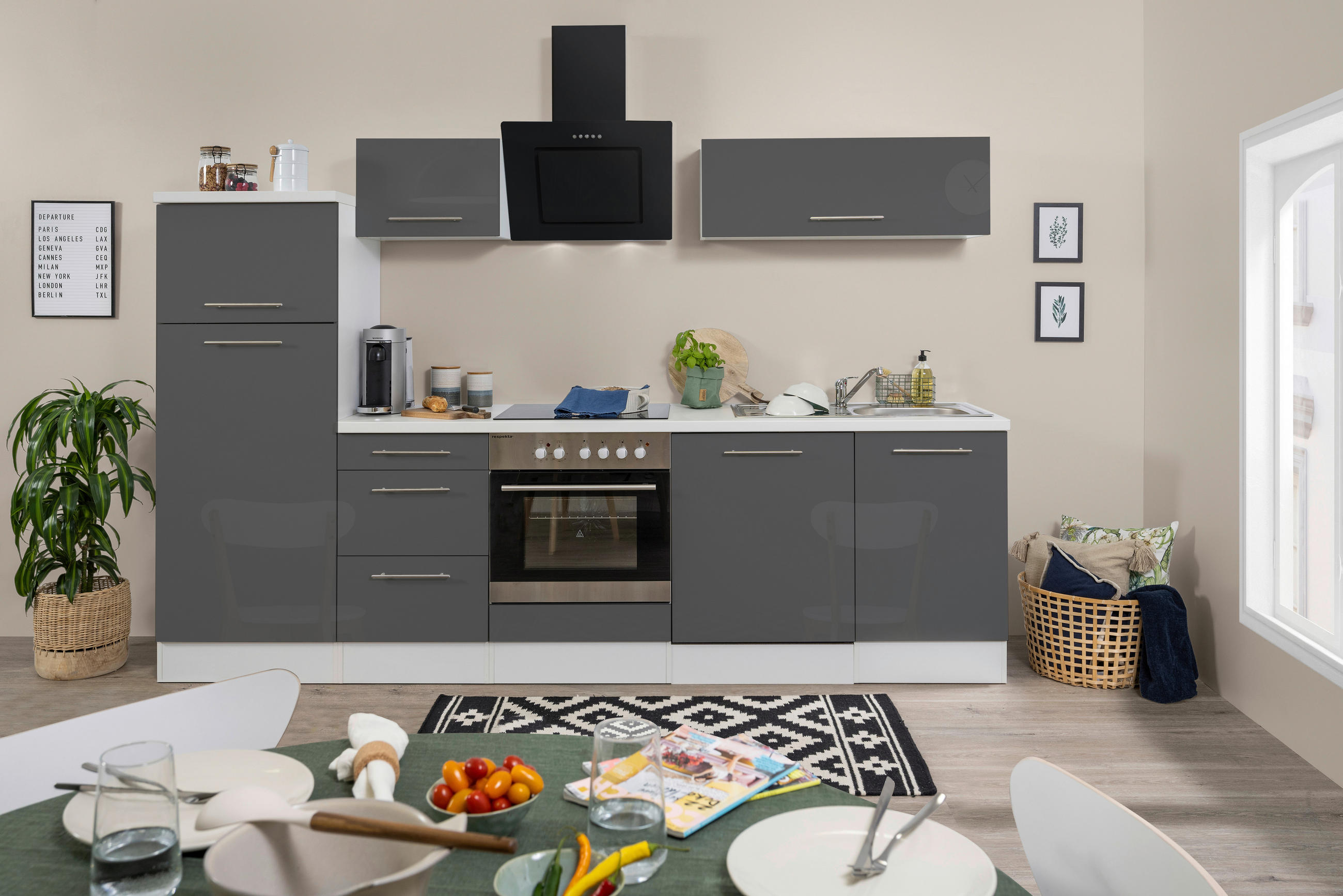 KÜCHENBLOCK 280 cm Grau, Weiß E-Geräte, Spüle, Soft-Close-System, Geschirrspüler, Kühlgefrierkombination, Geschirrspülerblende, Dunstabzug, Ab- und Überlaufgarnitur - Weiß/Grau, KONVENTIONELL (280cm) - Respekta