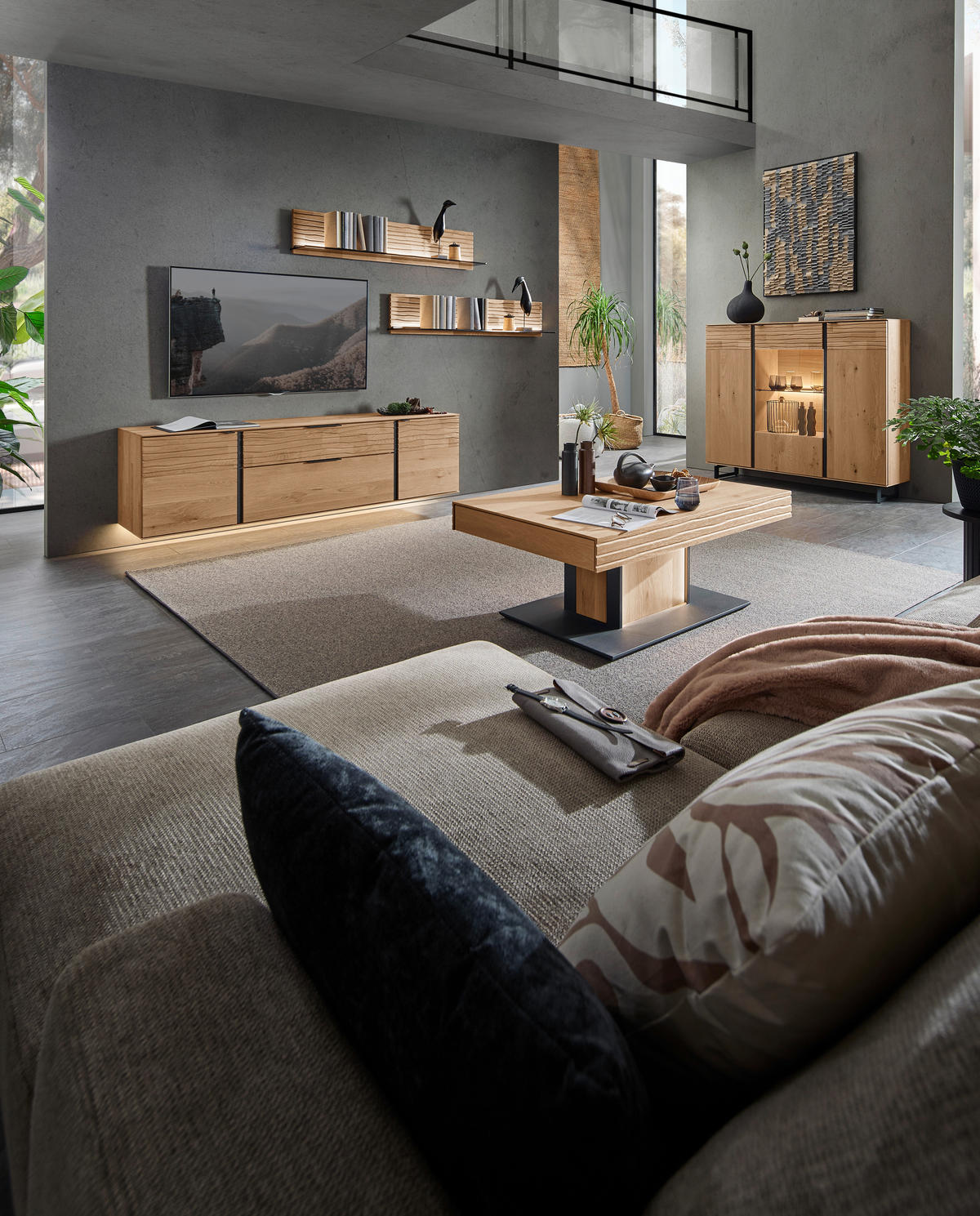 WOHNWAND  Eichefarben 306/185/44 cm  - Eichefarben/Anthrazit, Natur, Glas/Holz (306/185/44cm) - Valnatura