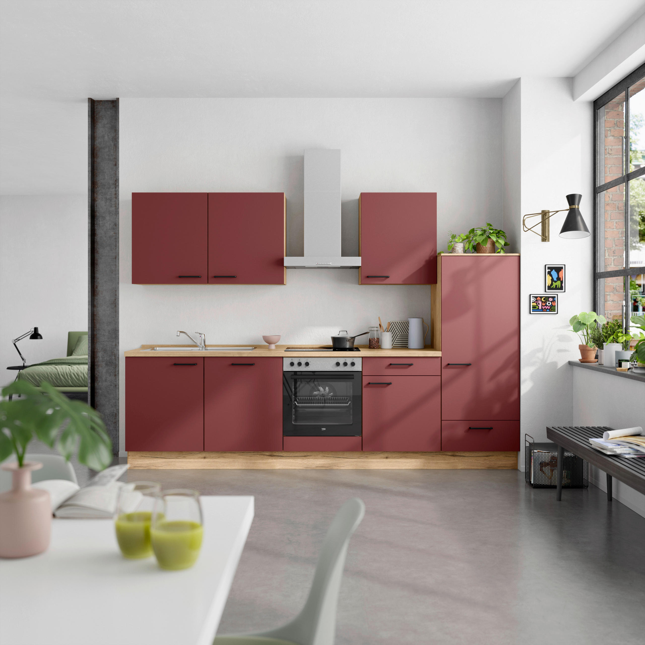 KÜCHENBLOCK 300 cm   in Eichefarben, Dunkelrot  - Eichefarben/Schwarz, MODERN, Holzwerkstoff/Metall (300cm) - Nobilia