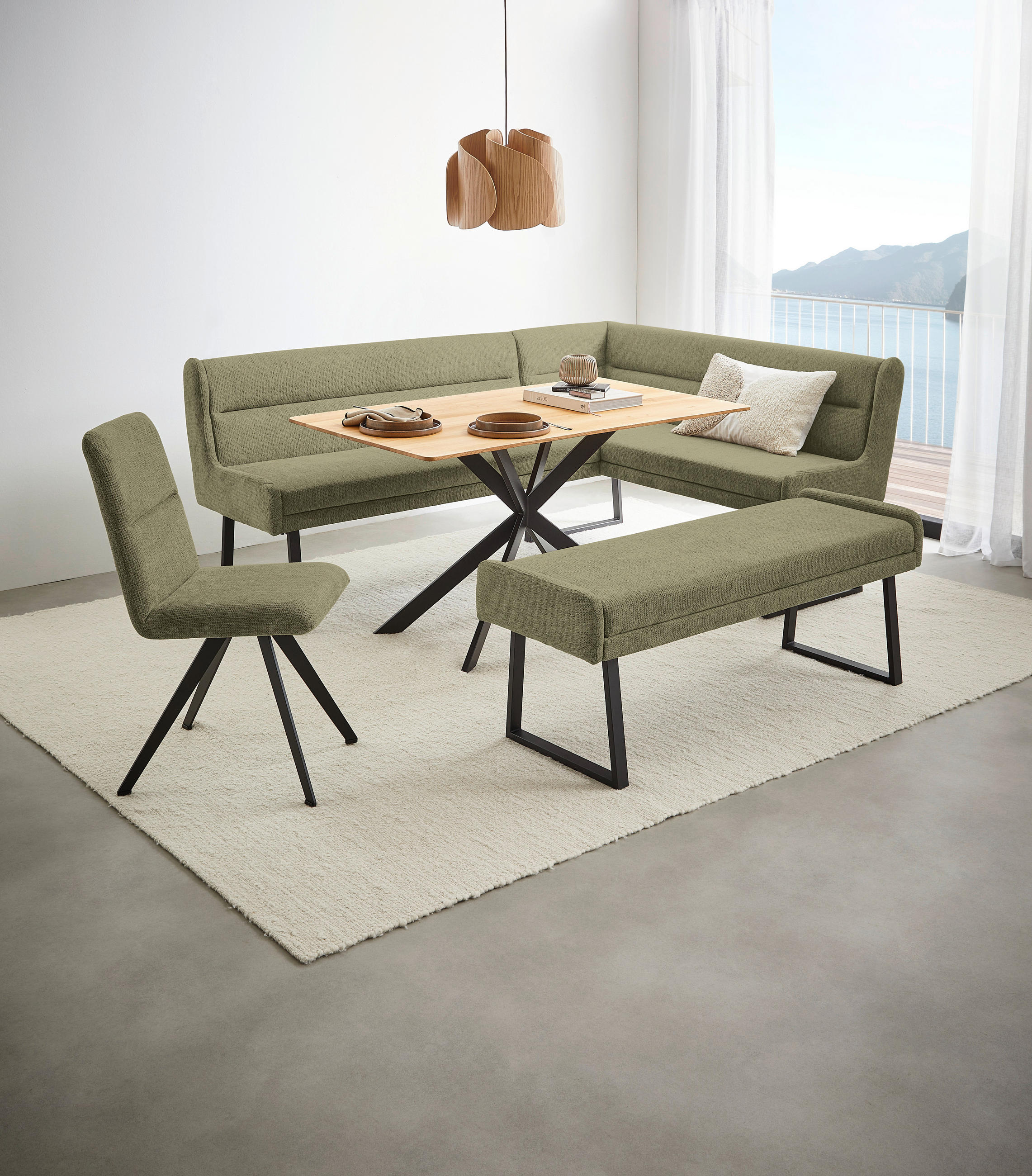 Thumbnail - Novel Eckbank, Grün, Schwarz, Metall, Textil, 4-Sitzer, Eckteil, L-Form, Ottomane links, 217x159 cm, Stoffauswahl, Typen...