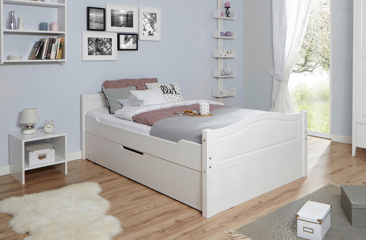 AUSZIEHBETT 120/200 cm,  in Weiß, Bettkasten, Rollrost für Zusatzbett, Rollrost für Hauptbett  - Naturfarben/Weiß, MODERN, Holz (120/200cm) - MID.YOU