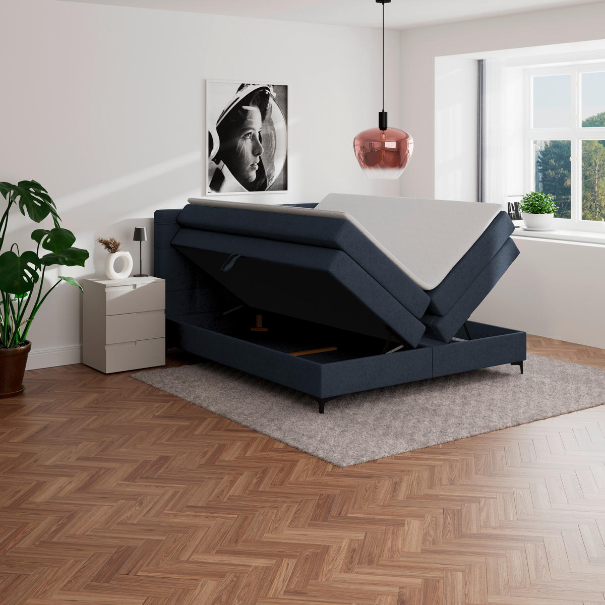 BOXSPRINGBETT 160/200 cm,  in Dunkelblau, H3 = fest  - Schwarz/Dunkelblau, KONVENTIONELL, Kunststoff/Textil (160/200cm)