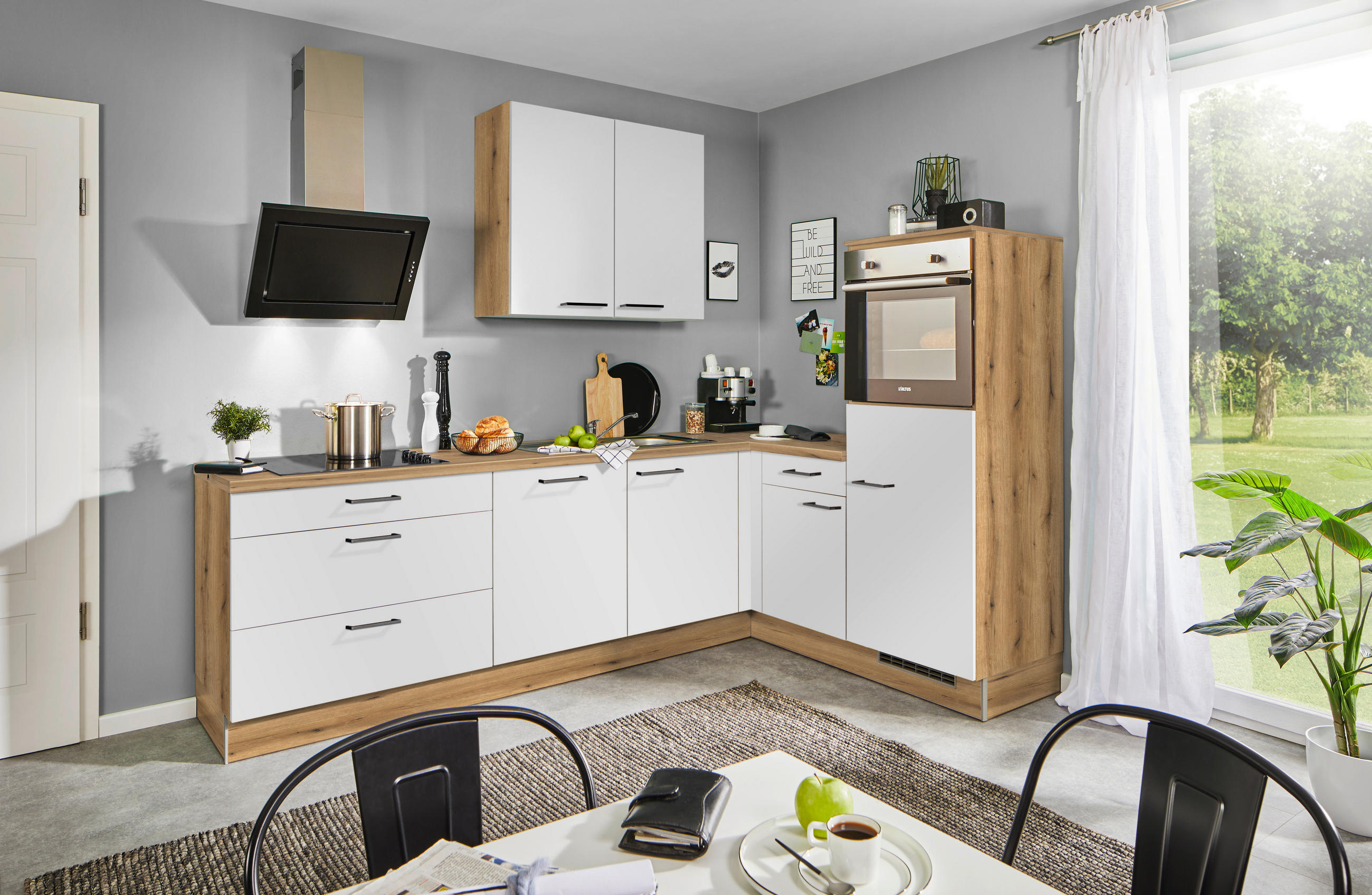 ECKKÜCHE 275/175 cm  in Weiß, Eichefarben  - Eichefarben/Schwarz, Design, Holzwerkstoff/Metall (275/175cm) - Xora