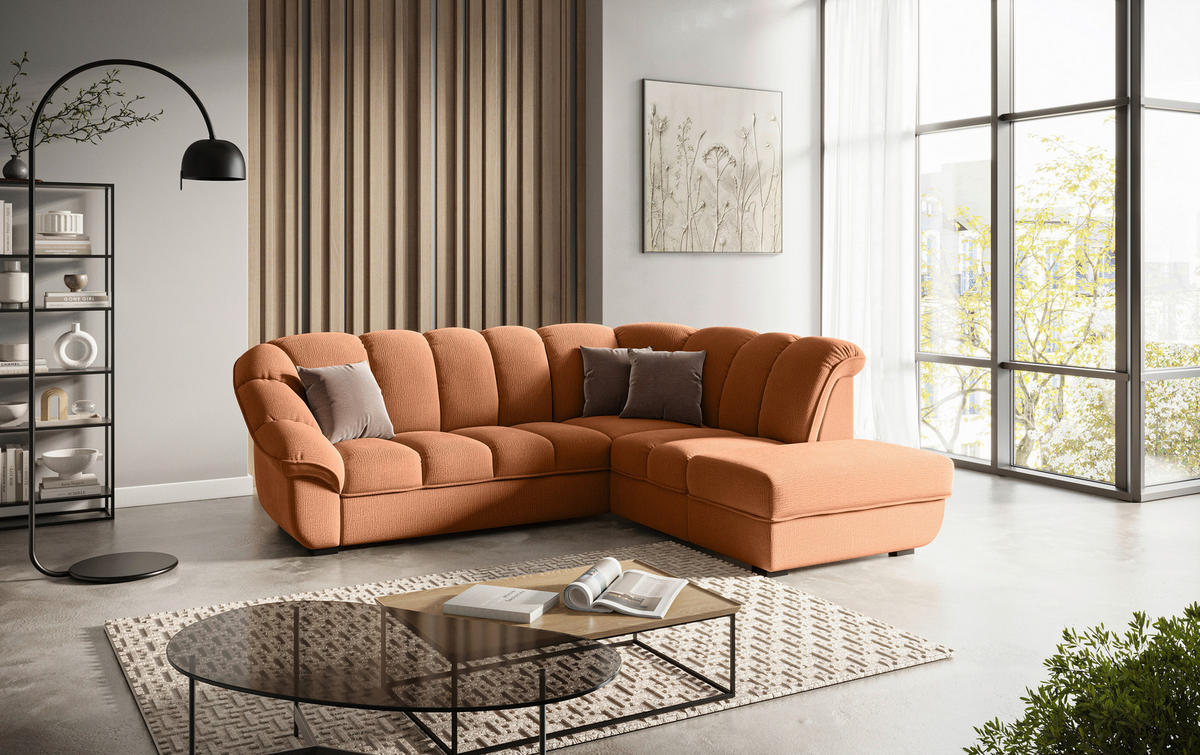 ECKSOFA Terracotta Chenille Bettkasten, Schlaffunktion, Rücken echt  - Terracotta/Schwarz, KONVENTIONELL, Kunststoff/Textil (260/222cm) - Welnova