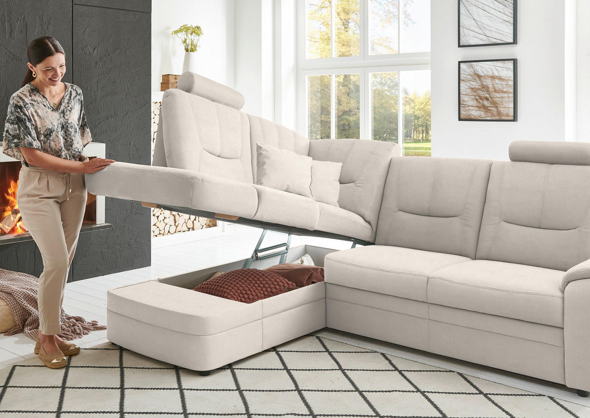 ECKSOFA Chenille Naturfarben  - Schwarz/Naturfarben, Konventionell, Kunststoff/Textil (185/235cm) - Beldomo Comfort