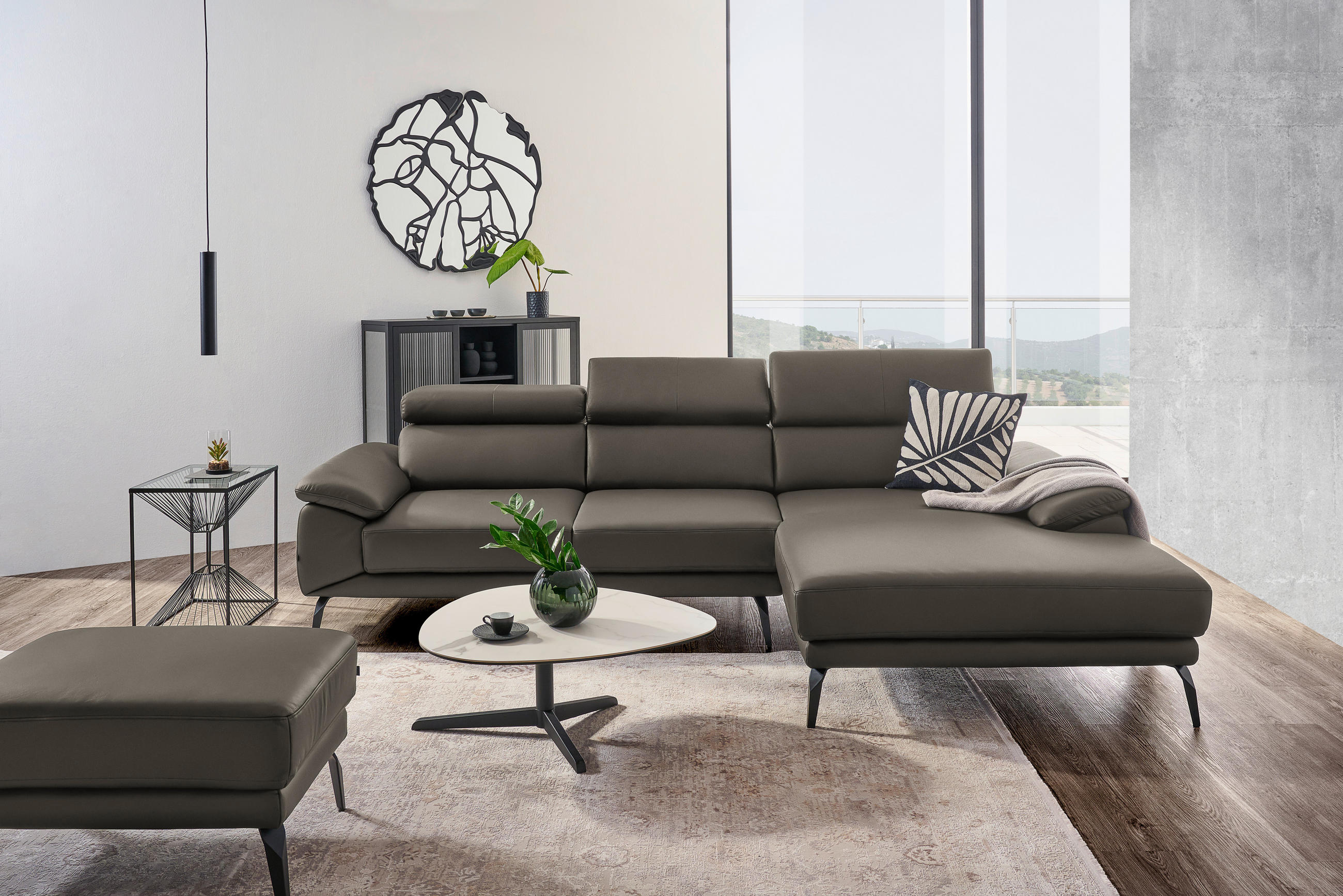 ECKSOFA Graubraun Echtleder  - Graubraun/Schwarz, Design, Leder/Metall (295/187cm) - Novel