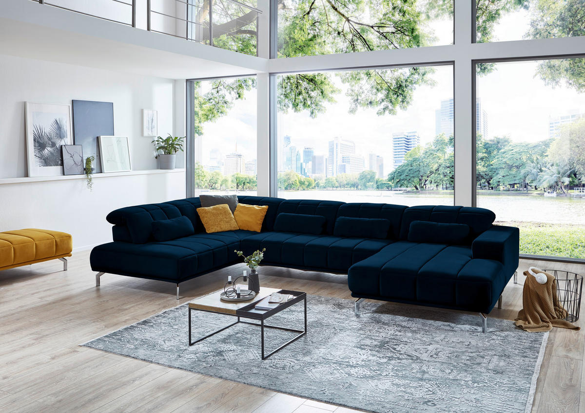 WOHNLANDSCHAFT in Velours Dunkelblau  - Schwarz/Dunkelblau, Design, Textil/Metall (219/383/195cm) - Beldomo Style