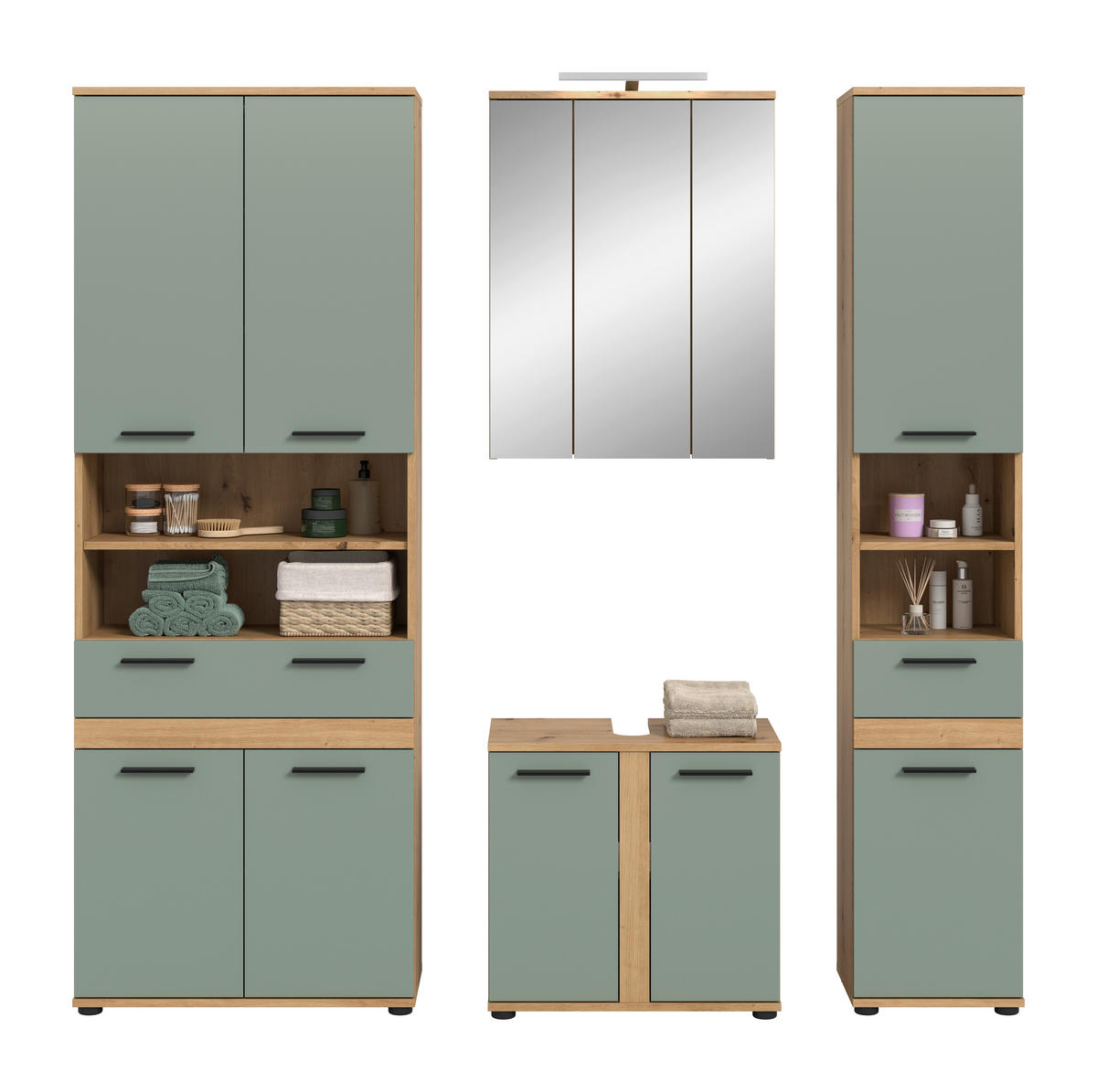 BADEZIMMER 5-teilig  in 195 cm  - Salbeigrün/Schwarz, Trend, Glas/Holzwerkstoff (195cm) - MID.YOU