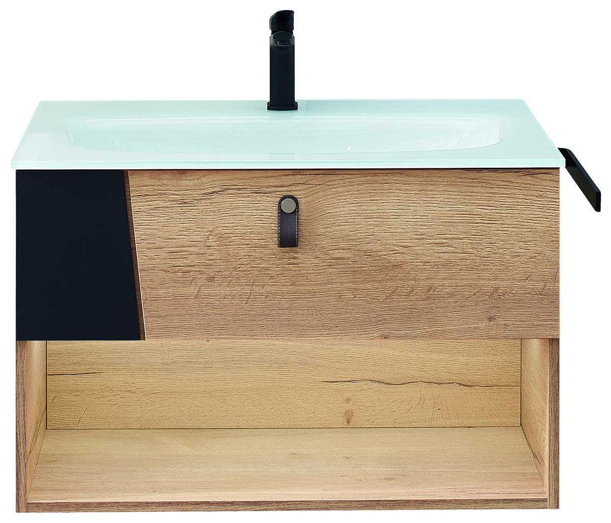 WASCHTISCHKOMBI 77 cm  - Eichefarben/Schwarz, KONVENTIONELL, Leder/Glas (77cm) - Sadena