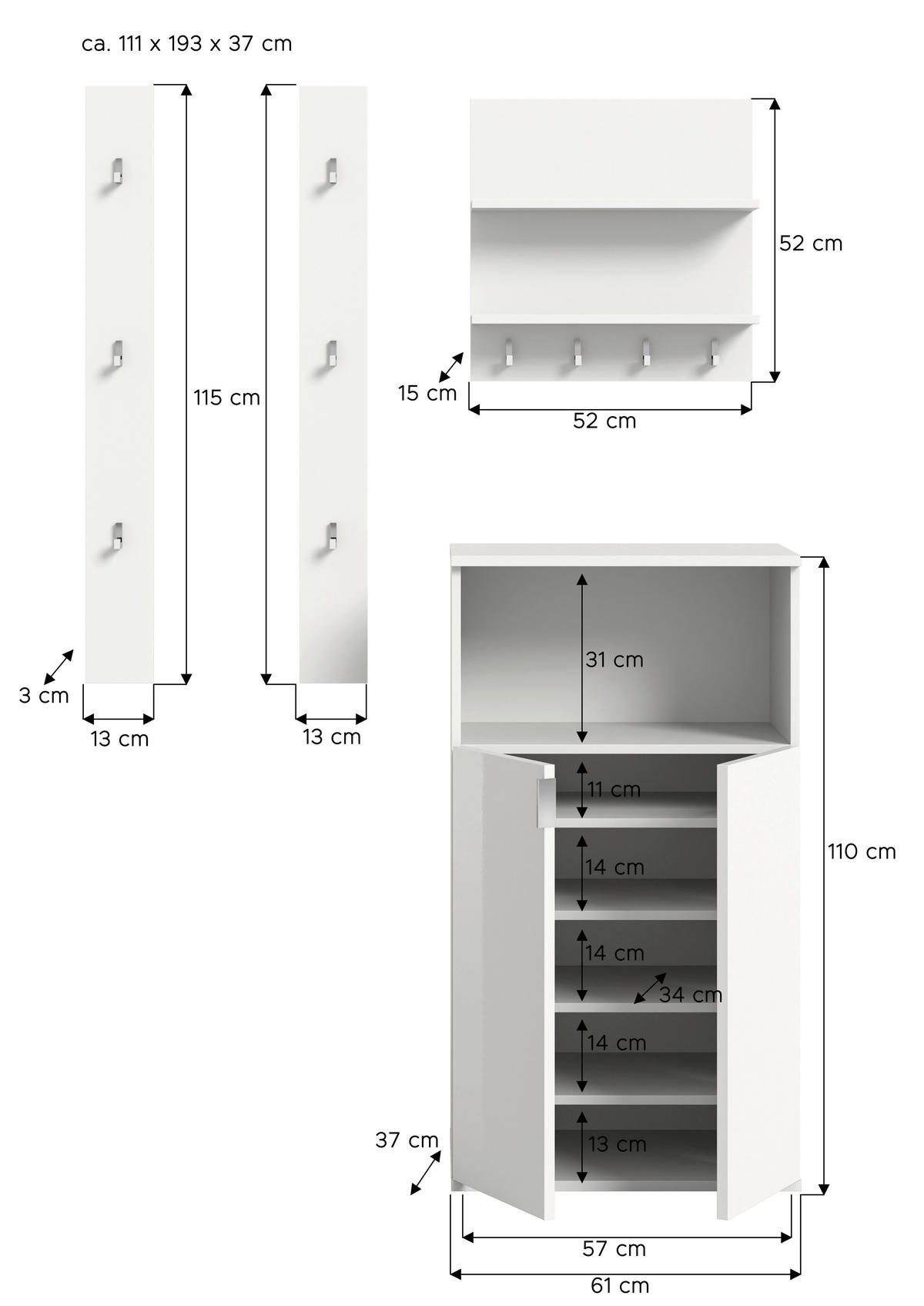 GARDEROBE 4-teilig  in 111/193/37 cm  - Weiß Hochglanz/Weiß, Design, Holzwerkstoff (111/193/37cm) - Livetastic