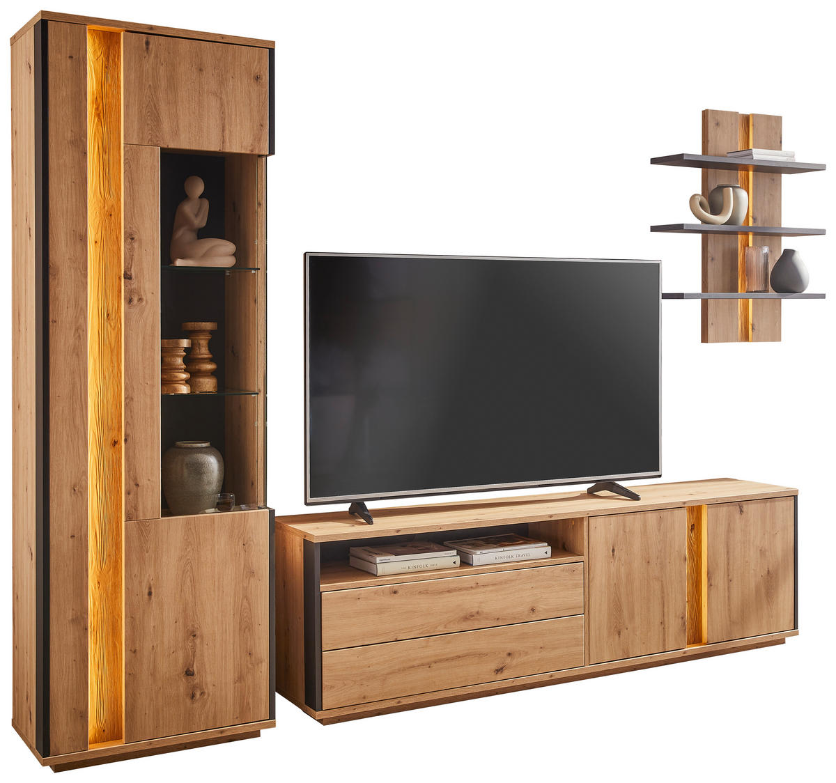 WOHNWAND  in Grau, Eichefarben  252/200/41 cm  - Eichefarben/Grau, Design, Glas/Holzwerkstoff (252/200/41cm) - Stylife