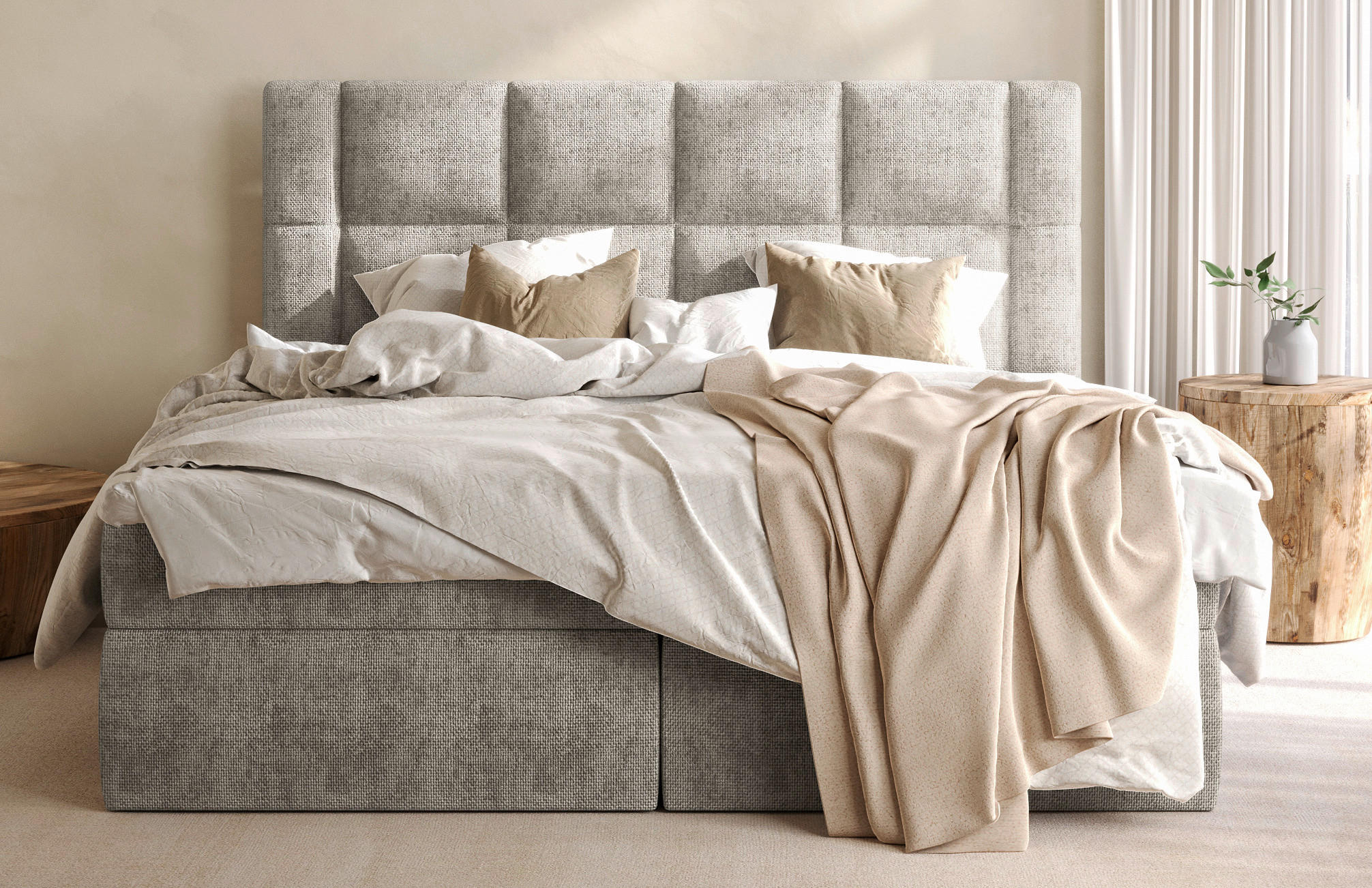 BOXBETT 180/200 cm,  in Taupe, gepolstertes Kopfteil, Bettkasten, Topper, Matratzen, H3 = fest  - Taupe/Schwarz, MODERN, Holz/Holzwerkstoff (180/200cm) - Boxxx