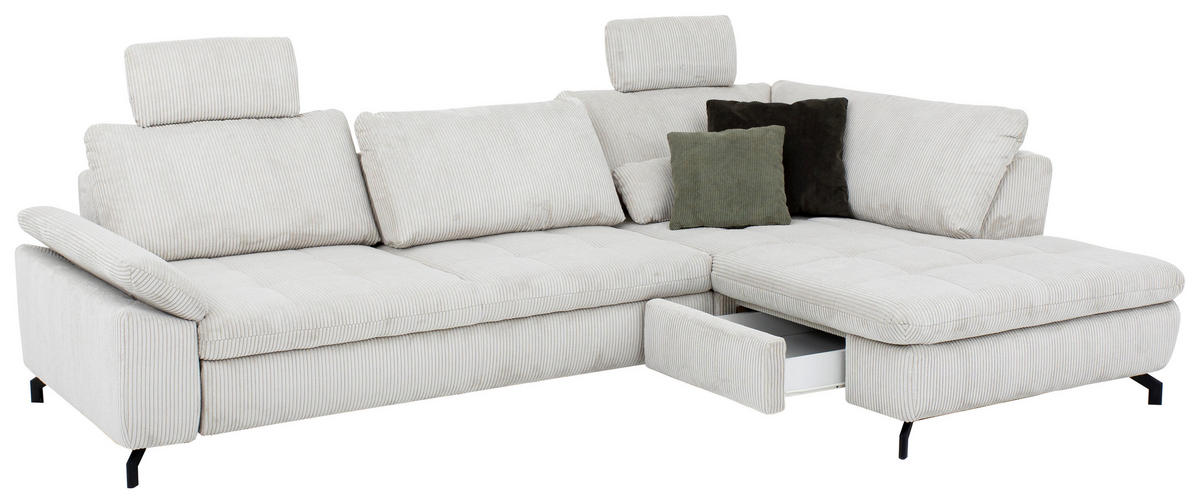 ECKSOFA in Cord, Velours Ecru  - Ecru/Schwarz, Design, Textil/Metall (291/197cm) - Beldomo Style