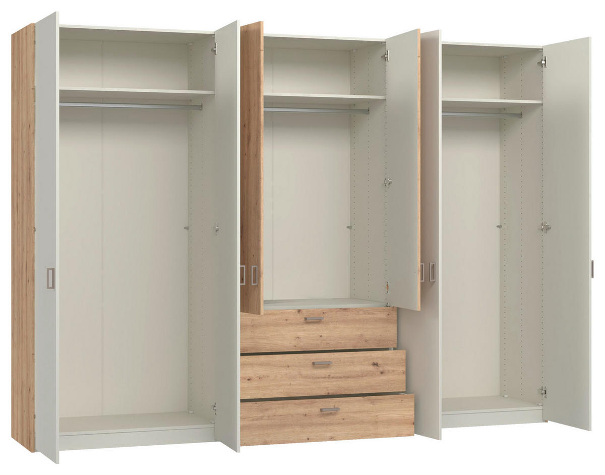 KLEIDERSCHRANK 303/220/59 cm,  in Creme, Weiß, Eiche Artisan, 6-türig  - Hellbraun/Creme, Design, Holzwerkstoff/Metall (303/220/59cm) - Jutzler