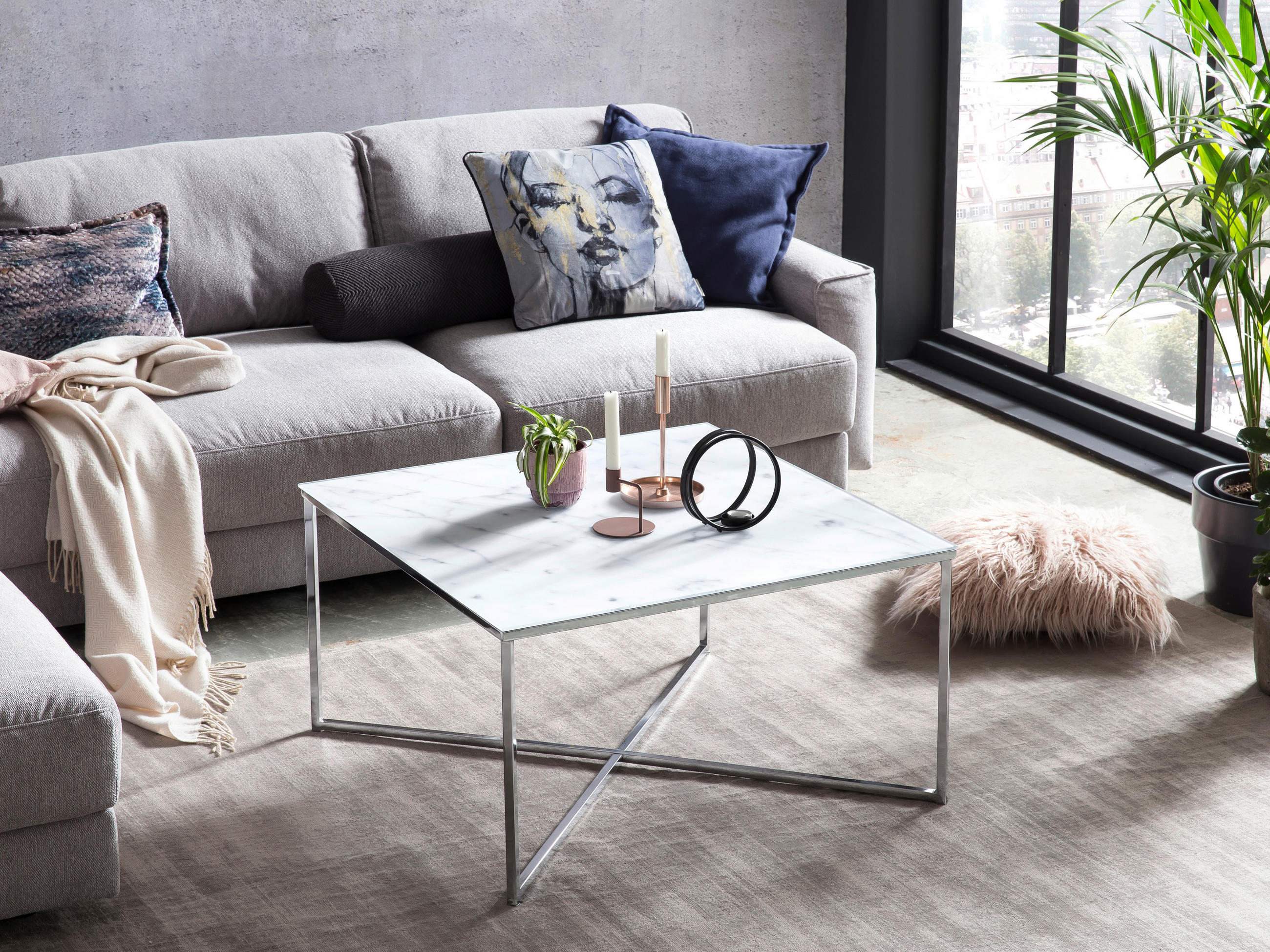 COUCHTISCH 80/80/45 cm quadratisch Weiß, Chromfarben  - Chromfarben/Weiß, Design, Glas/Metall (80/80/45cm) - Livetastic